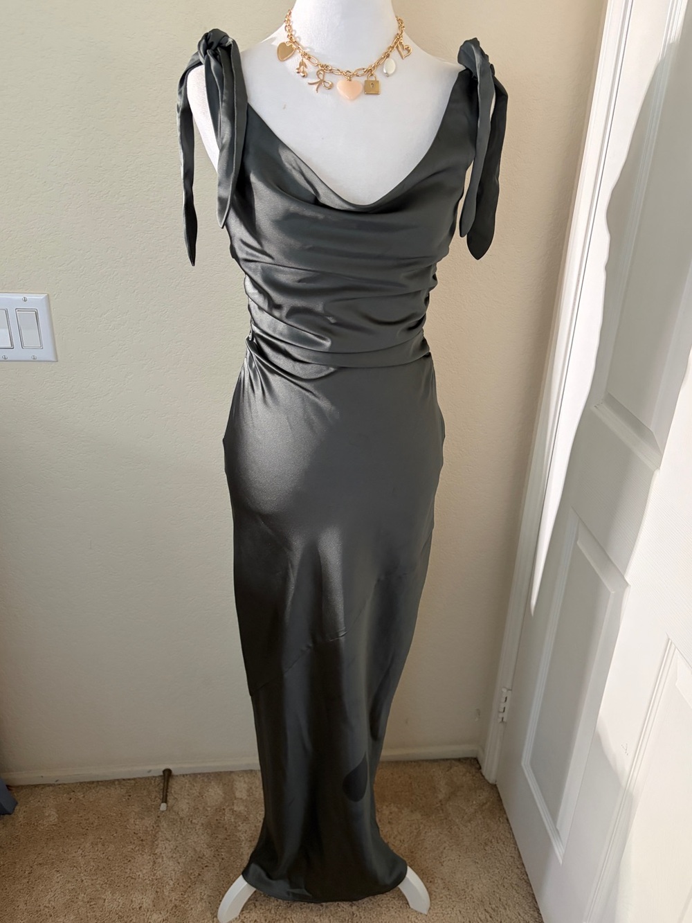 Petal & Pup Tie-Shoulder Charcoal Satin Slip Dress